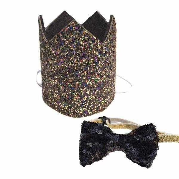 Dog Birthday Crown & Bow Tie Collar - Black/gold/multi Custom Age - Dog Party Hats from Sale at DoggyTopia