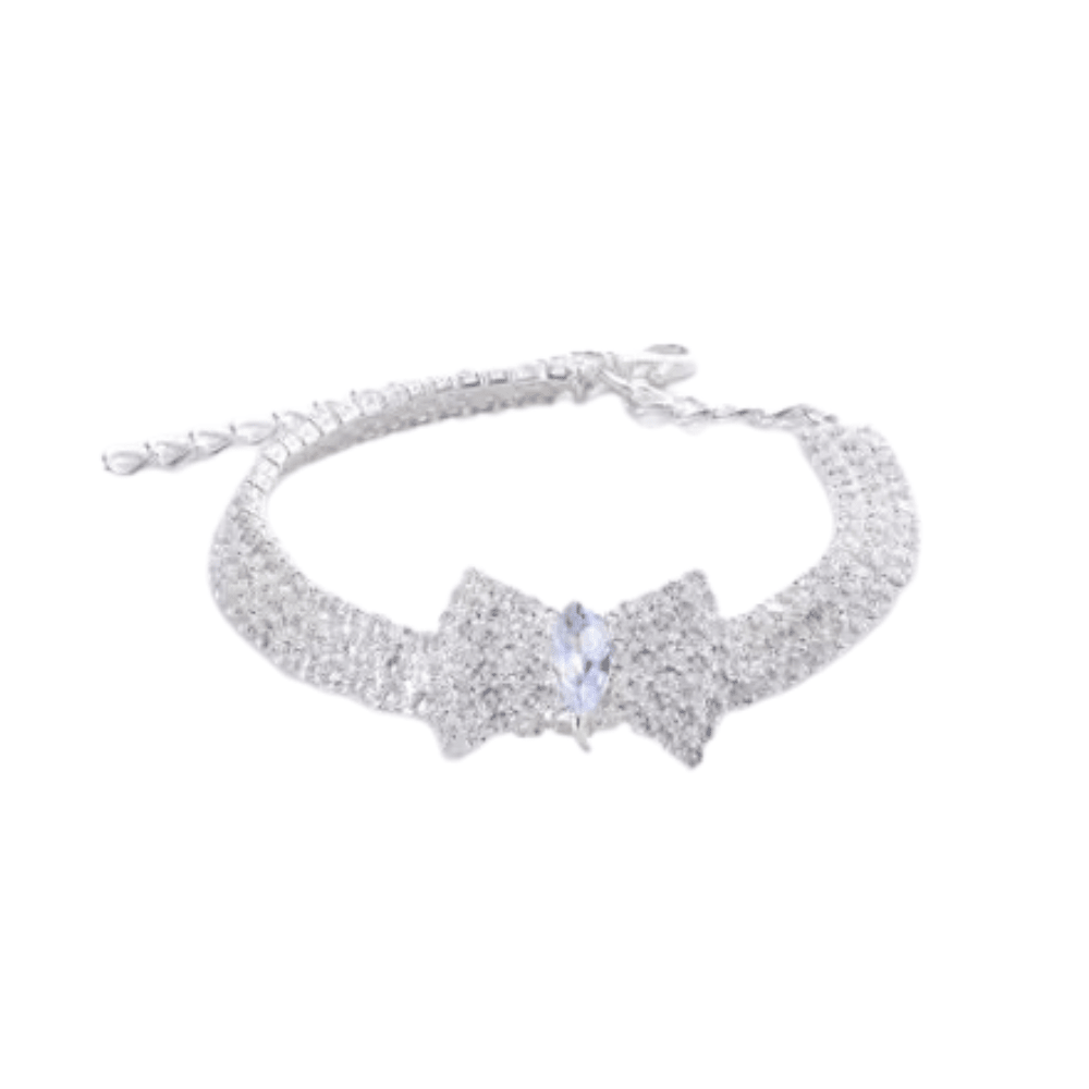 Diamante Bow Dog Necklace - Silver - Dog Necklaces from Sale at DoggyTopia