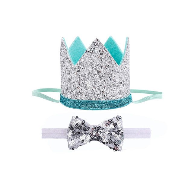 Dog Birthday Crown & Bow Tie Collar - Silver & Aqua - Dog Party Hats from . at DoggyTopia