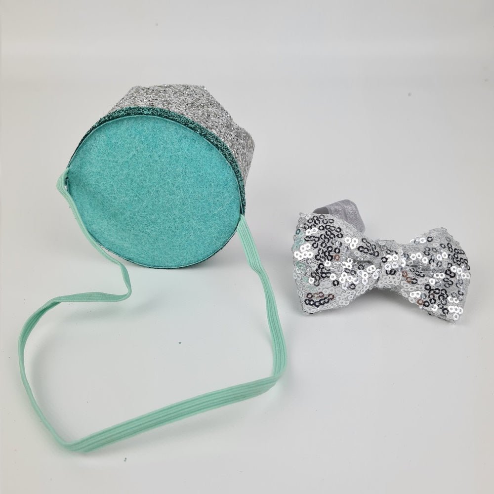 Dog Birthday Crown & Bow Tie Collar - Silver & Aqua - Dog Party Hats from . at DoggyTopia